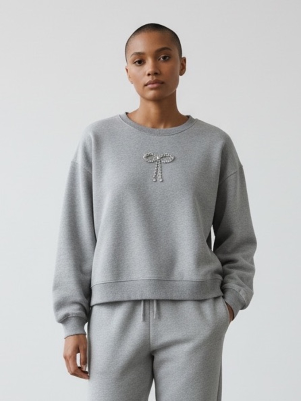 American Eagle Light Gray Crewneck Sweatshirt with Rhinestone Bow